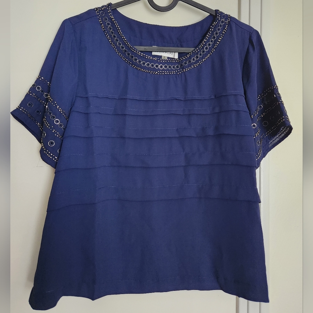 Sugarlips beaded short sleeve cropped top navy blouse